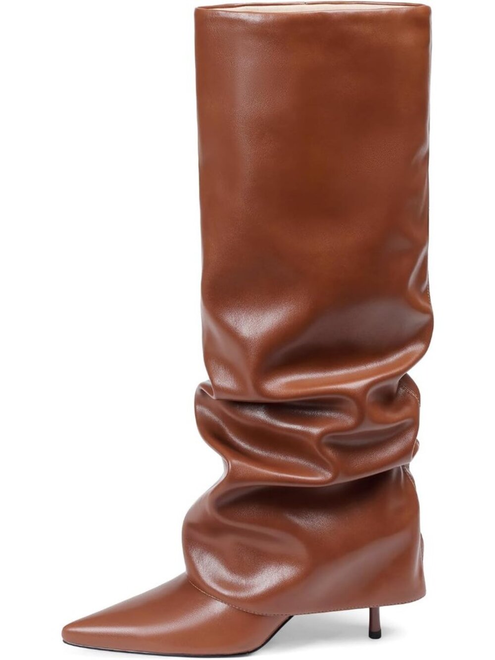 Women's Brown Fold Over Point Shark Slouchy Side Hidden Zipper Knee High Boots